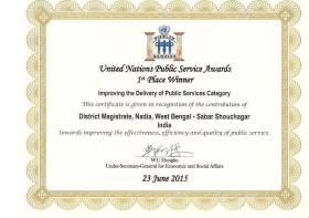 Nadia only district from India to be awarded the United Nations Public Service Awards Nadia only district from India to be awarded the United Nations Public Service Awards