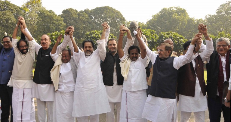 Opposition parties stage dharna outside Parliament to protest against demonetisation Opposition parties stage dharna outside Parliament to protest against demonetisation