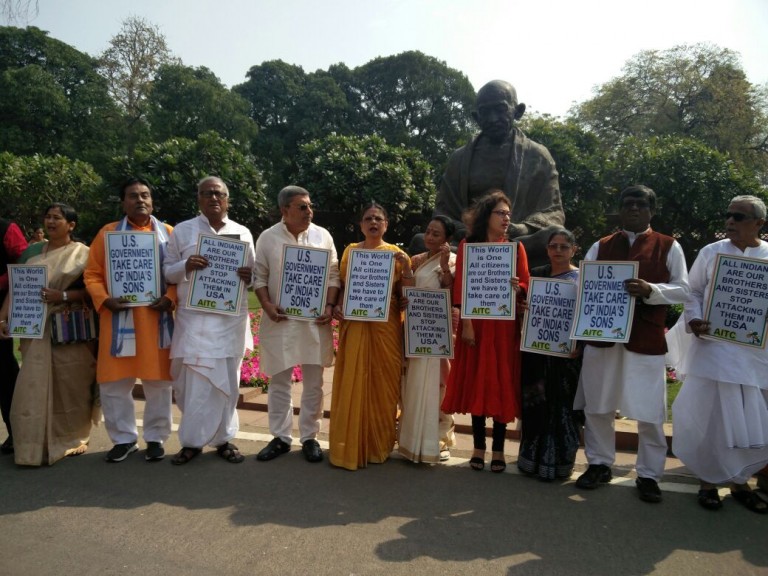 Trinamool MPs stage dharna in Parliament on the issue of killings of Indians in US Trinamool MPs stage dharna in Parliament on the issue of killings of Indians in US