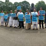Trinamool MPs protest in front of Mahatma Gandhi’s statue outside Parliament Opposing government’s Budget proposal to disinvest 42 PSUs – 8.07.2019