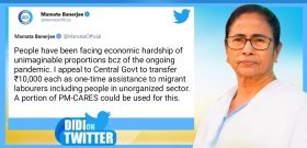 Rs 10,000 for each migrant labourer from PM-CARES: Bangla CM’s appeal to PM Rs 10,000 for each migrant labourer from PM-CARES: Bangla CM’s appeal to PM