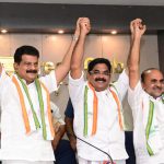 State coordinator P.V. Anvar and Saji Manjakadambil during the announcement of the merger of the Kerala Congress (Democratic) with the All India Trinamool Congress